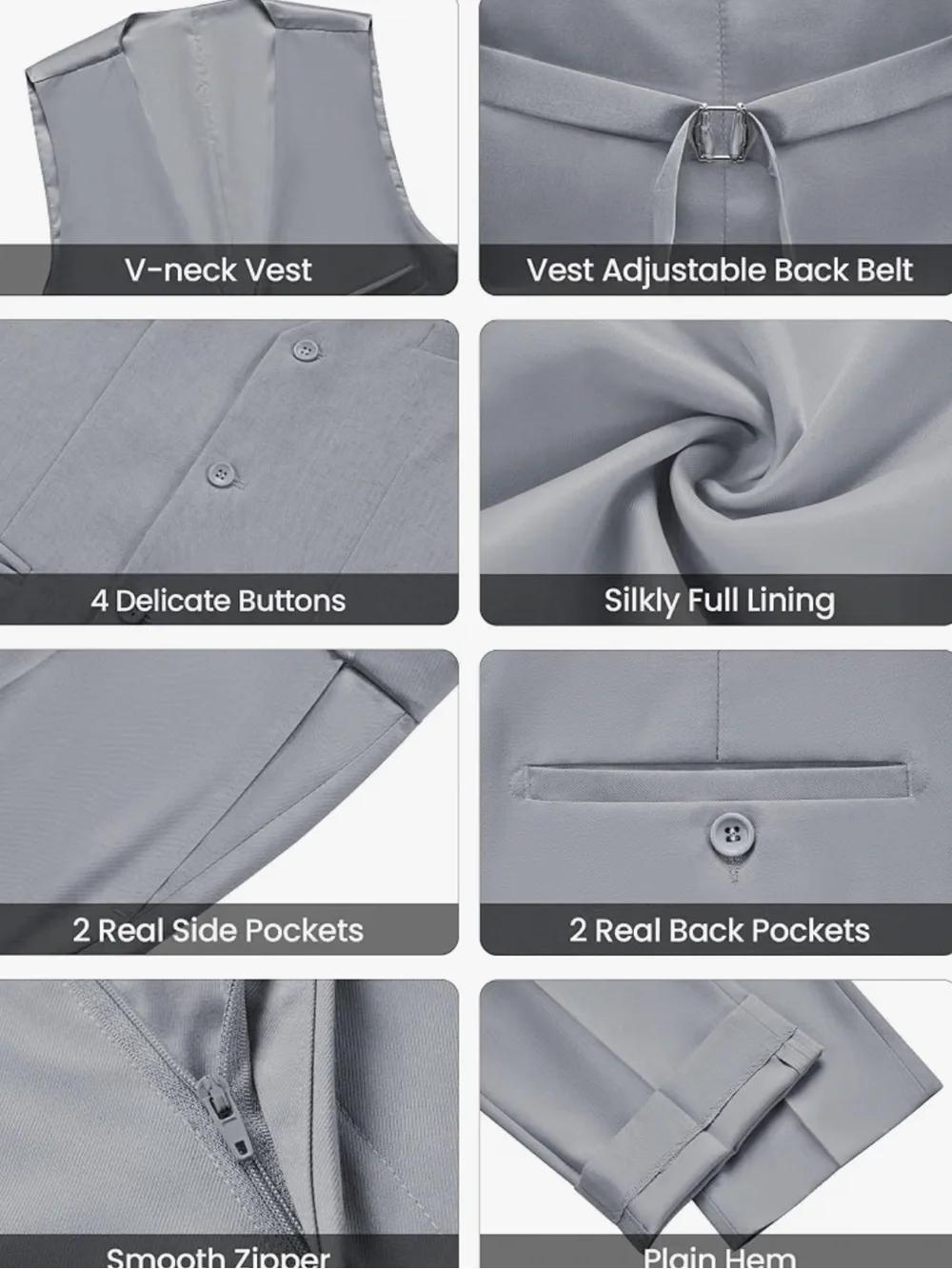 Men’s Slim Fit 3-Piece Suit Blazer Vest & Pant - Light Gray